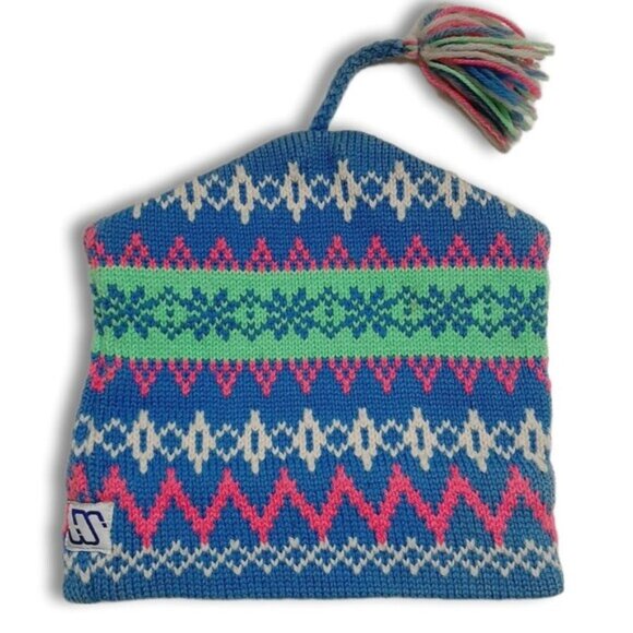 Retro 80's MURRAY MERKLEY 100% Wool Intarsia Geo Pattern Knit Beanie Hat Pom-Pom - Picture 1 of 16